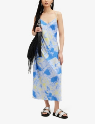 Shop Allsaints Women's Violet Blue Bryony Graphic-print Woven Midi Slip Dress