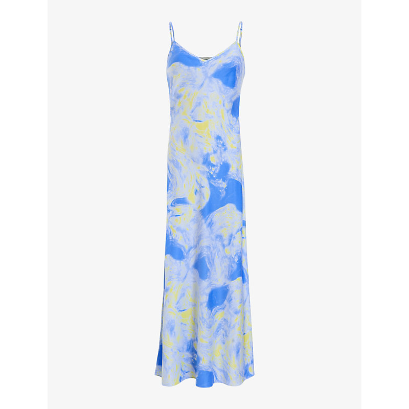 Shop Allsaints Bryony Graphic-print Woven Midi Slip Dress In Violet Blue
