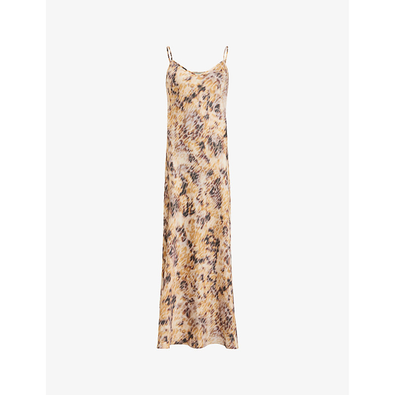 Allsaints Womens Sesame Beige Bryony Carmina Floral-print Recycled-polyester Midi Dress