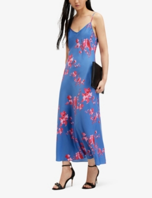 Shop Allsaints Women's Neon Pink Bryony Iona Graphic-print Recycled-polyester Maxi Slip Dress