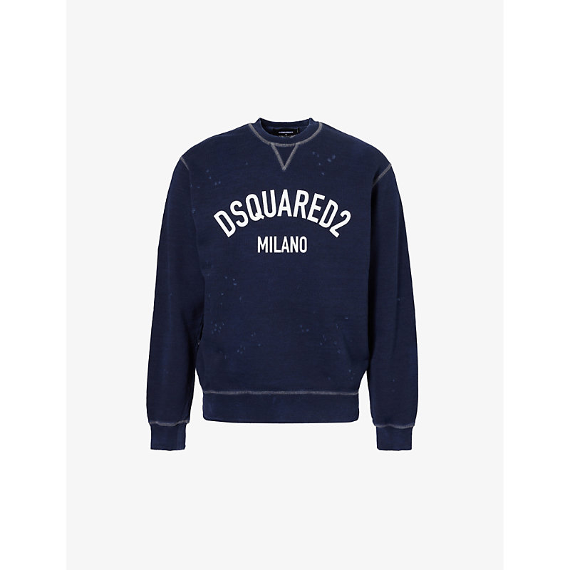 Shop Dsquared2 Men's Navy Blue Logo Text-print Cotton-jersey Sweatshirt