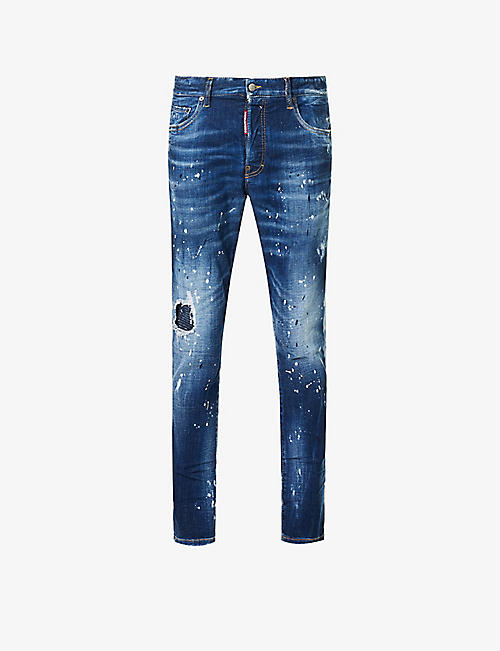 DSQUARED2: Distressed brand-patch stretch-denim jeans