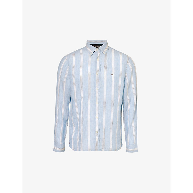 Shop Tommy Hilfiger Mens Sleepy Blue / Multi Triple Stripe Stripe-pattern Regular-fit Linen Shirt