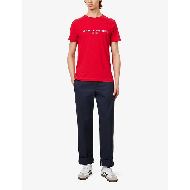 Shop Tommy Hilfiger Logo-print Cotton-jersey T-shirt In Primary Red