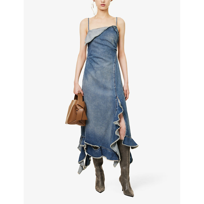 Shop Acne Studios Women's Mid Blue Delouise Ruffled Cut-out Denim Midi Dress