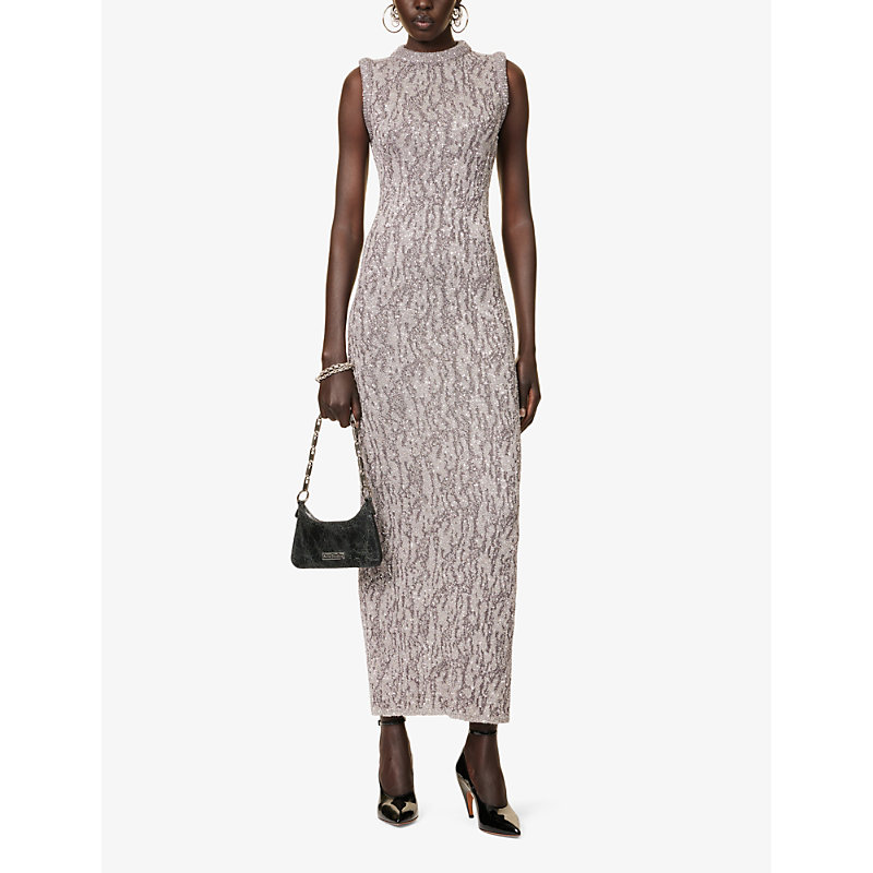 Shop Acne Studios Kwest Sequin-embellished Knitted Maxi Dress In Dark Grey
