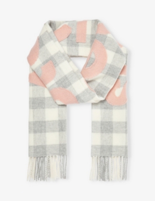 Acne Studios Logo Checked Wool-blend Scarf In Grey Pink