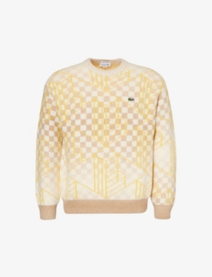 Lacoste Mens Yellow Checked Logo-embroidered Wool-blend Jumper