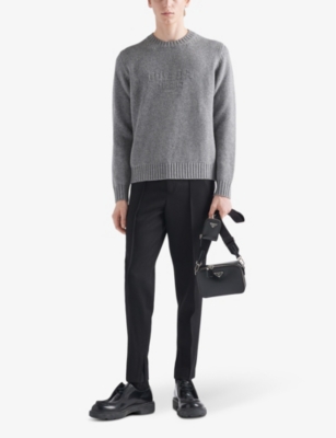 Shop Prada Brand-embroidered Crewneck Wool And Cashmere-blend Jumper In Grey