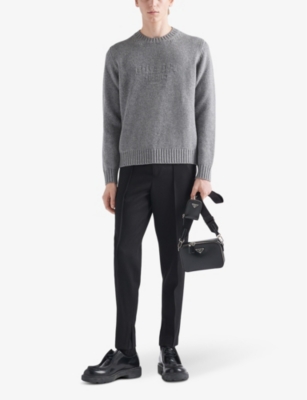 Shop Prada Mens Grey Brand-embroidered Crewneck Wool And Cashmere-blend Jumper