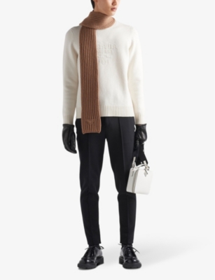 Prada Mens White Brand-embroidered Crewneck Wool And Cashmere-blend Jumper In White