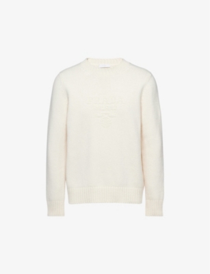 Shop Prada Brand-embroidered Crewneck Wool And Cashmere-blend Jumper In White