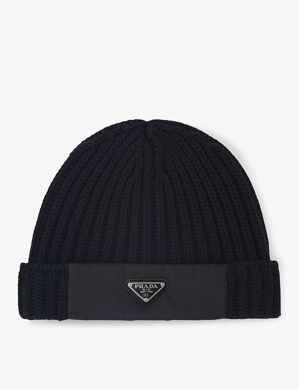 Shop Prada Mens Black Re-nylon Wool And Recycled Polyamide-blend Beanie Hat