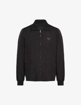 Shop Prada Mens Black Brand-patch Spread-collar Silk-blend Jacket