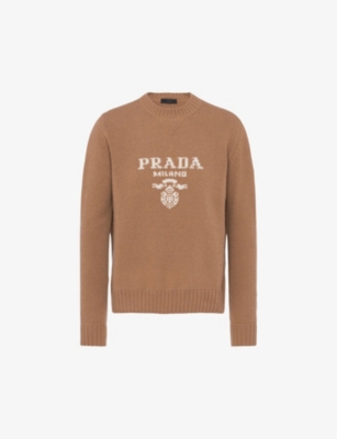 PRADA BRAND-EMBROIDERED CREWNECK WOOL AND CASHMERE-BLEND JUMPER