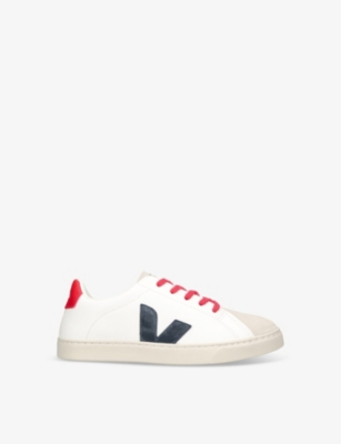 Veja Kids' Esplar Logo-embroidered Leather Low-top Trainers In White/blk