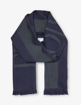 Emporio Armani Mens Blu Navy Asfalto Logo-embroidered Wool Knitted Scarf