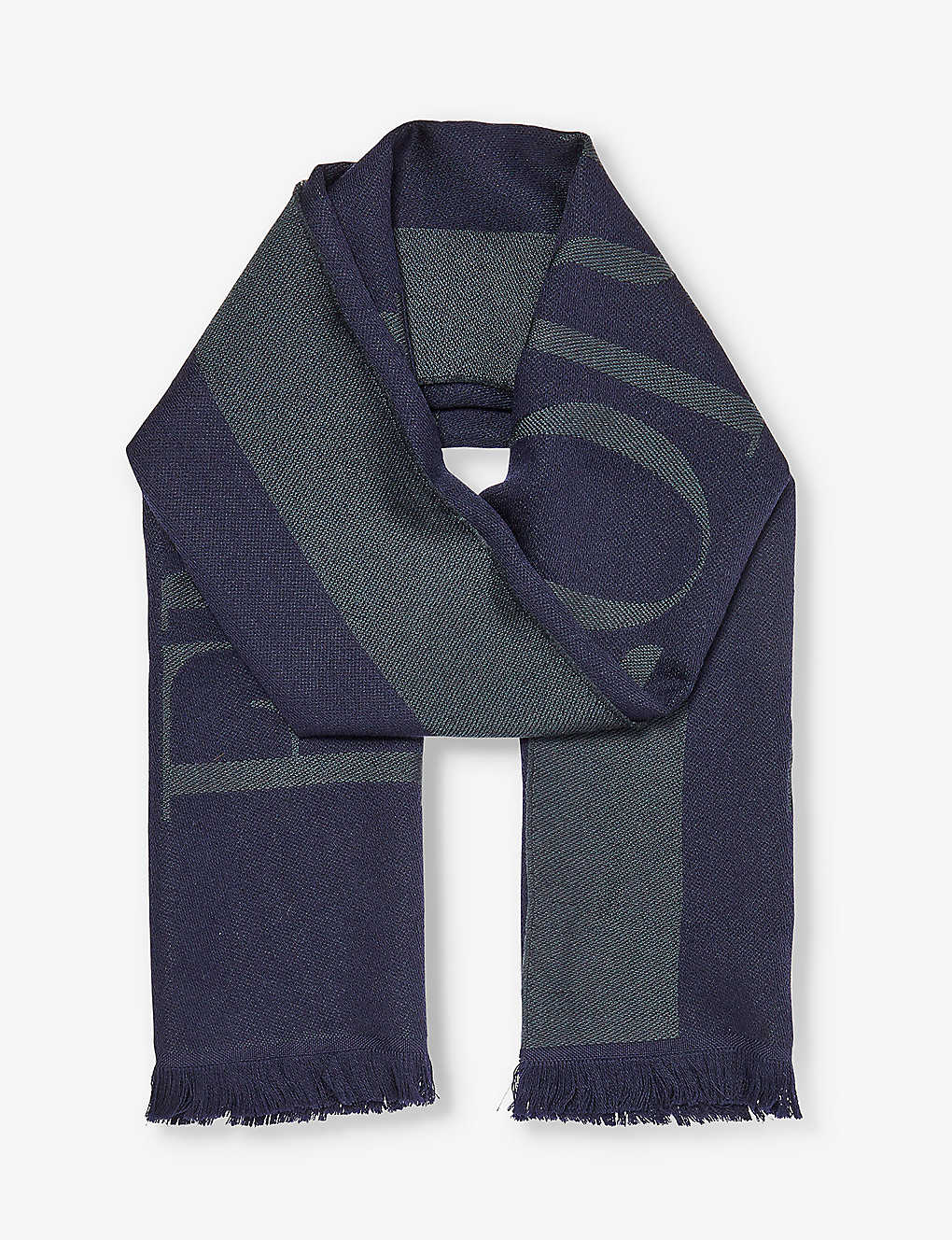 Emporio Armani Mens Blu Navy Asfalto Logo-embroidered Wool Knitted Scarf