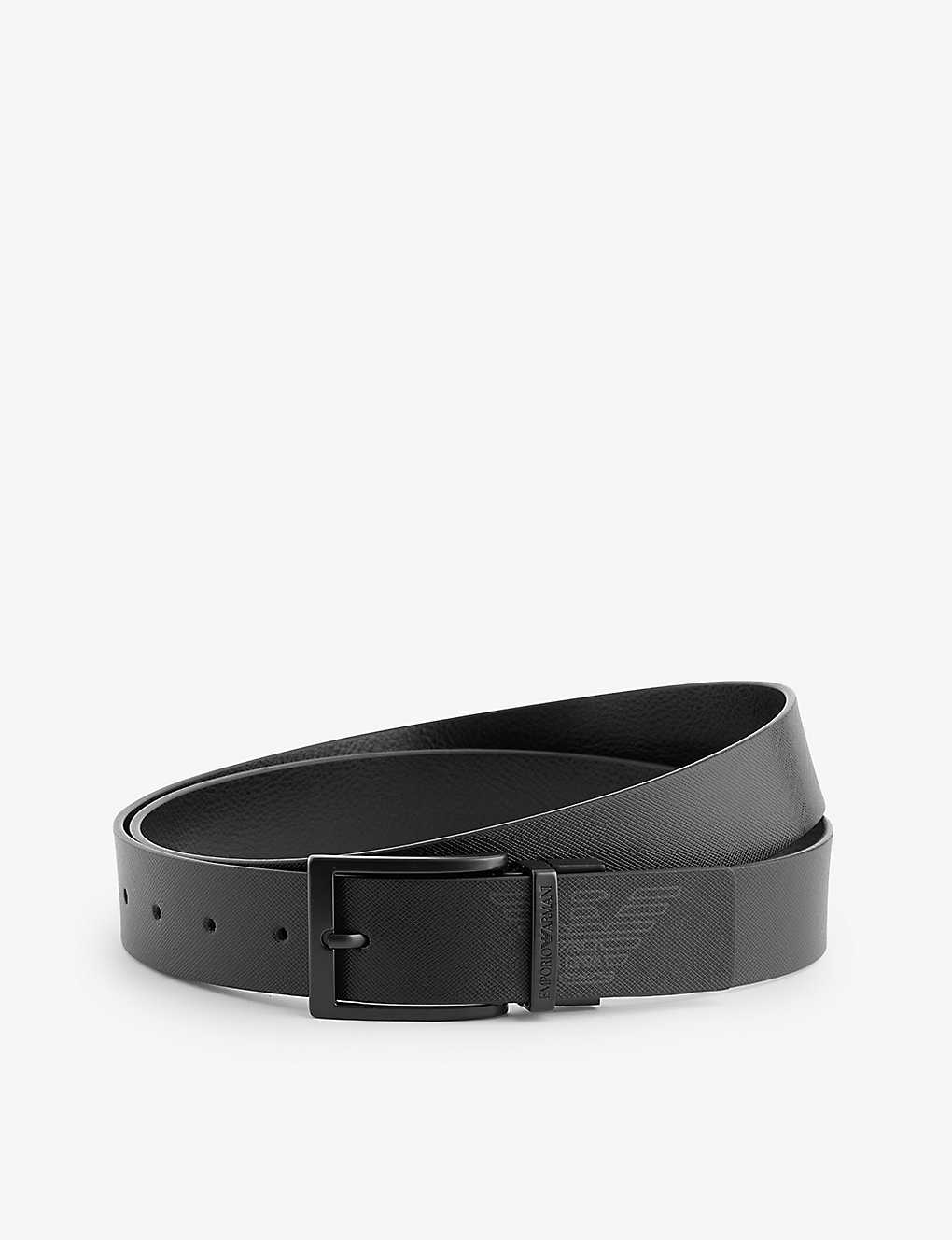 Emporio Armani Mens Black Grey Logo Brand-debossed Leather Belt