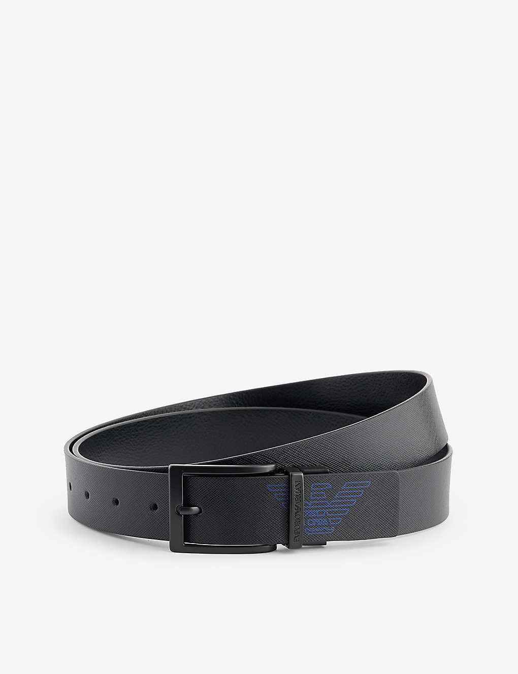 Emporio Armani Mens Black Blu Navy Logo Brand-debossed Leather Belt