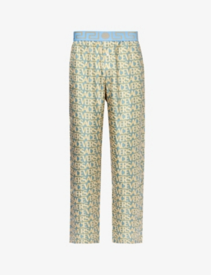 Shop Versace Men's Blue Ivory Branded-waistband Silk Pyjama Bottoms In Multi-coloured