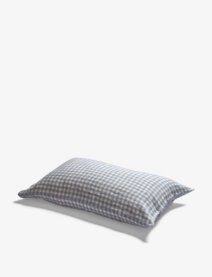 Shop Piglet In Bed Warm Blue Gingham Gingham-pattern Super King Linen Pillowcases 50cm X 90cm