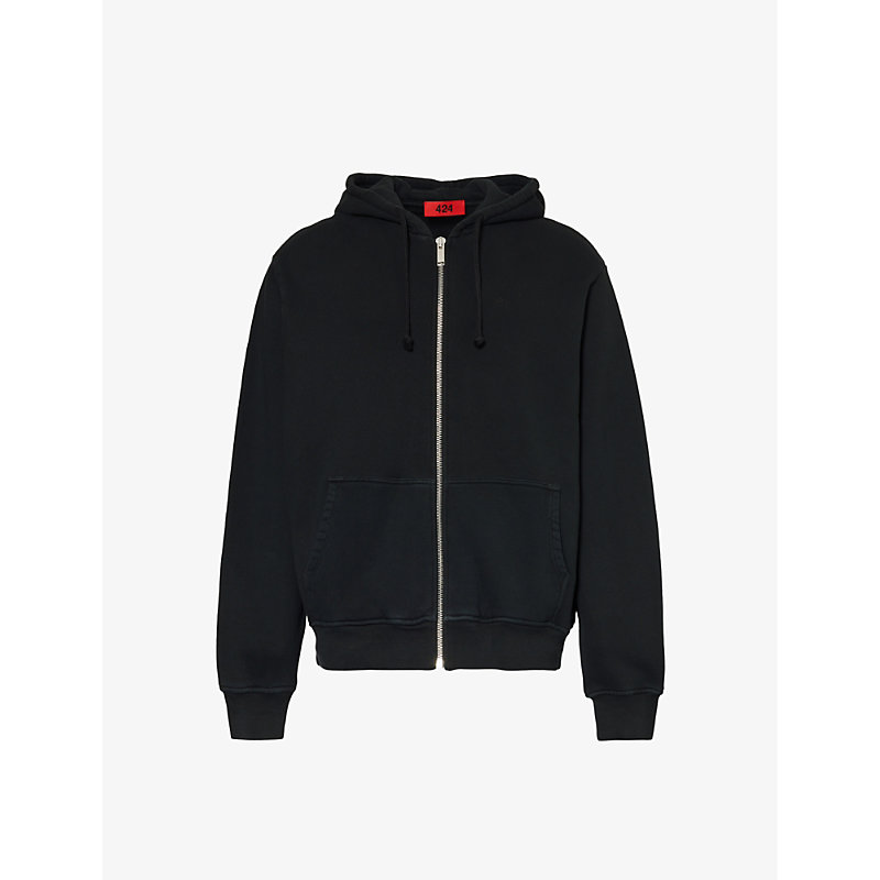 Shop 424 Men's Black Zip-up Brand-embroidered Cotton-jersey Hoody