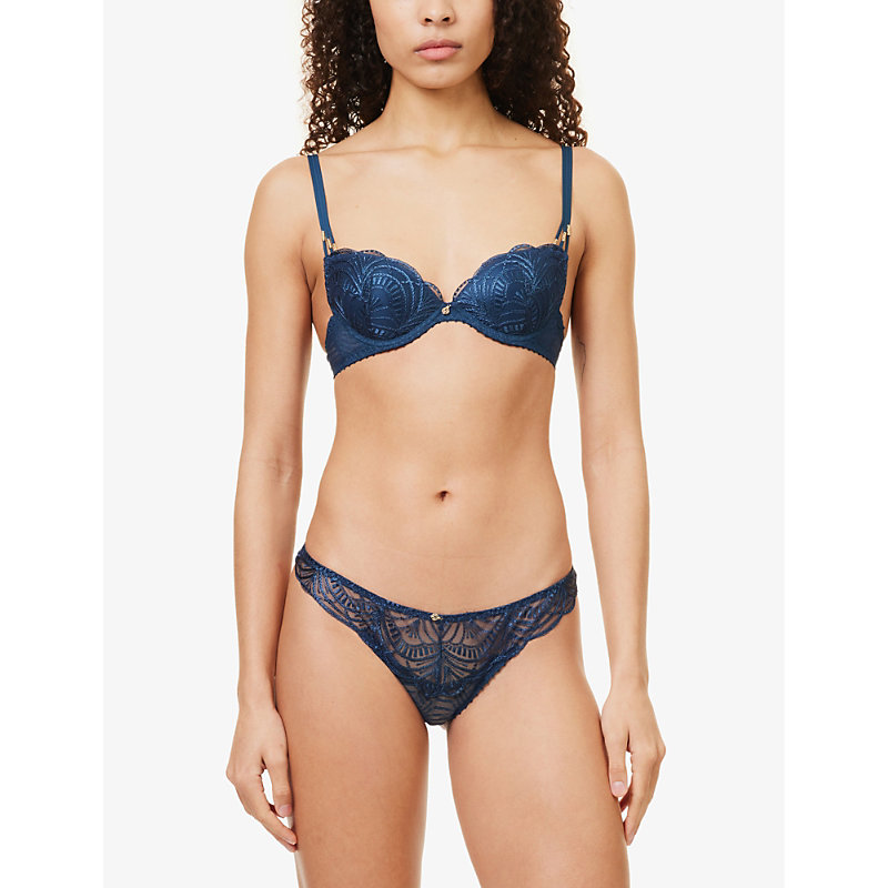 Shop Aubade Embroidered Mid-rise Stretch-lace Briefs In Dark Cyan