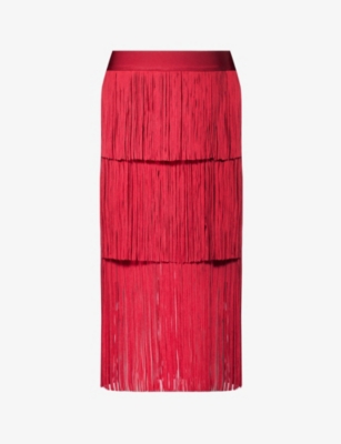 HERVE LEGER: Fringed mid-rise recycled rayon-blend knitted midi skirt