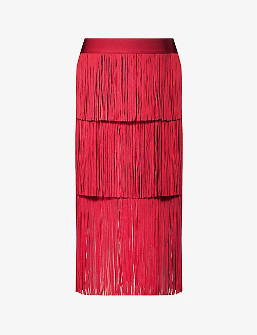 HERVE LEGER: Fringed mid-rise recycled rayon-blend knitted midi skirt