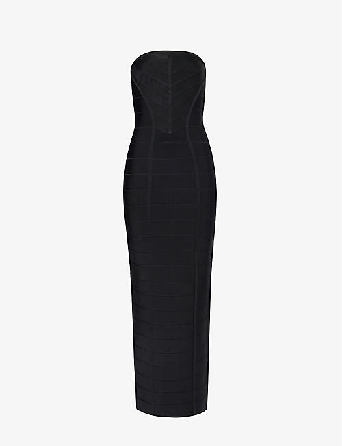 HERVE LEGER: Chevron-patterned slim-fit recycled rayon-blend knitted gown