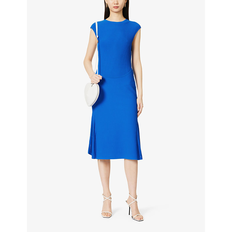 Shop Herve Leger Women's Bright Blue Fluted Ribbed Recycled Rayon-blend Knitted Midi Dress