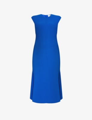 Herve Leger Sheer Fluted Stripe Panel Cap-sleeve Midi Dress In Bright Blue