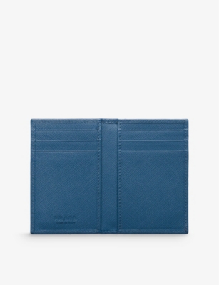 Prada Mens Blue Logo-plaque Leather Bifold Wallet In Blue