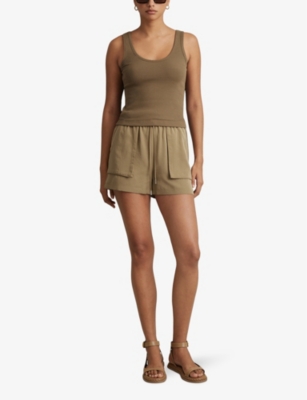 Shop Reiss Women's Khaki Isador Elasticated-waist Relaxed-fit Woven Shorts