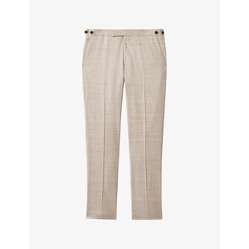 Shop Reiss Men's Oatmeal Boxhill Slim-fit Checked Stretch Linen-blend Trousers