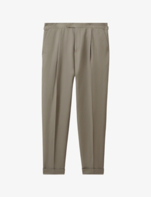 Shop Reiss Men's Light Khaki Com Front-pleat Straight-leg Cotton And Linen-blend Trousers