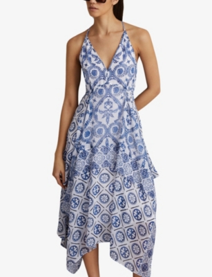 Shop Reiss Womens Blue Tiller Tile-print Side-pleat Woven Midi Dress