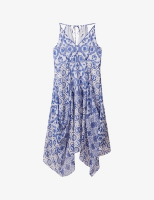 Shop Reiss Womens Blue Tiller Tile-print Side-pleat Woven Midi Dress