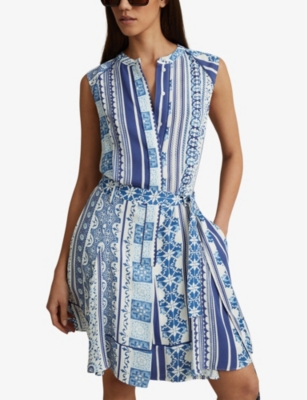 Shop Reiss Women's Blue Florence Tile-print Sleeveless Woven Mini Dress