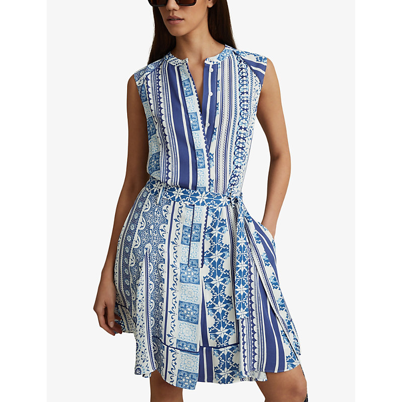 Shop Reiss Womens Blue Florence Tile-print Sleeveless Woven Mini Dress