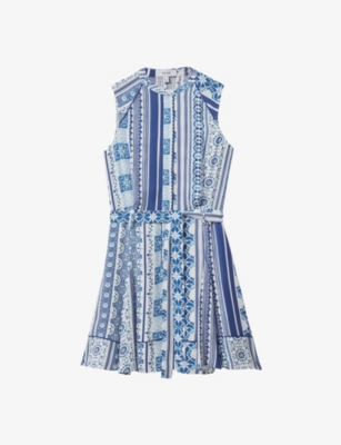 Shop Reiss Women's Blue Florence Tile-print Sleeveless Woven Mini Dress