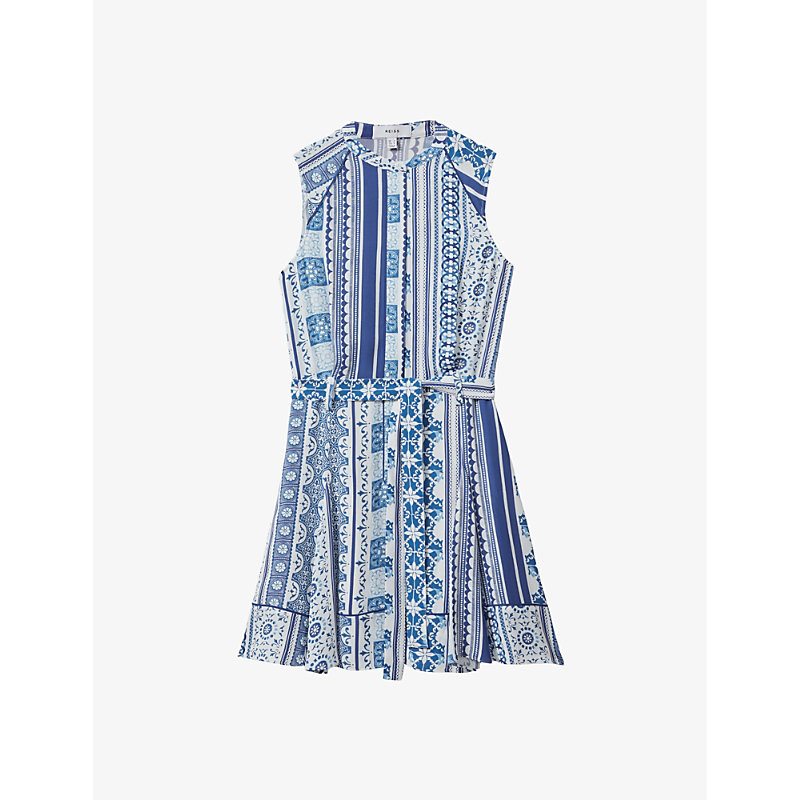 Shop Reiss Womens Blue Florence Tile-print Sleeveless Woven Mini Dress