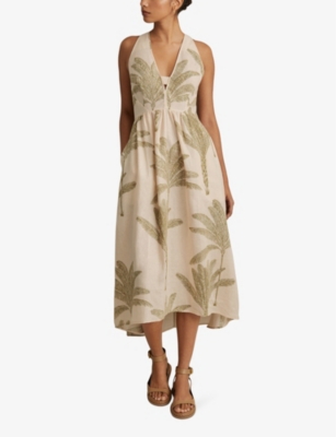 Shop Reiss Women's Neutral/green Anna Tropical-print V-neck Linen Midi Dress