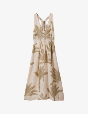 Shop Reiss Anna Tropical-print V-neck Linen Midi Dress In Neutral/green