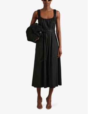 Liza ruched-strap sleeveless cotton midi dress