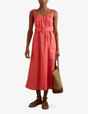Liza ruched-strap sleeveless cotton midi dress