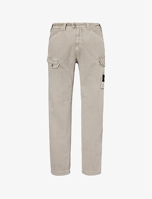 STONE ISLAND: Logo-patch straight-leg mid-rise cotton-blend trousers