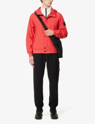 Shop Stone Island Men's Red Logo-badge Funnel-neck Stretch-woven Hooded Jacket