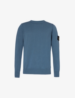 Shop Stone Island Men's Dark Blue Logo-badge Crewneck Cotton-knit Jumper
